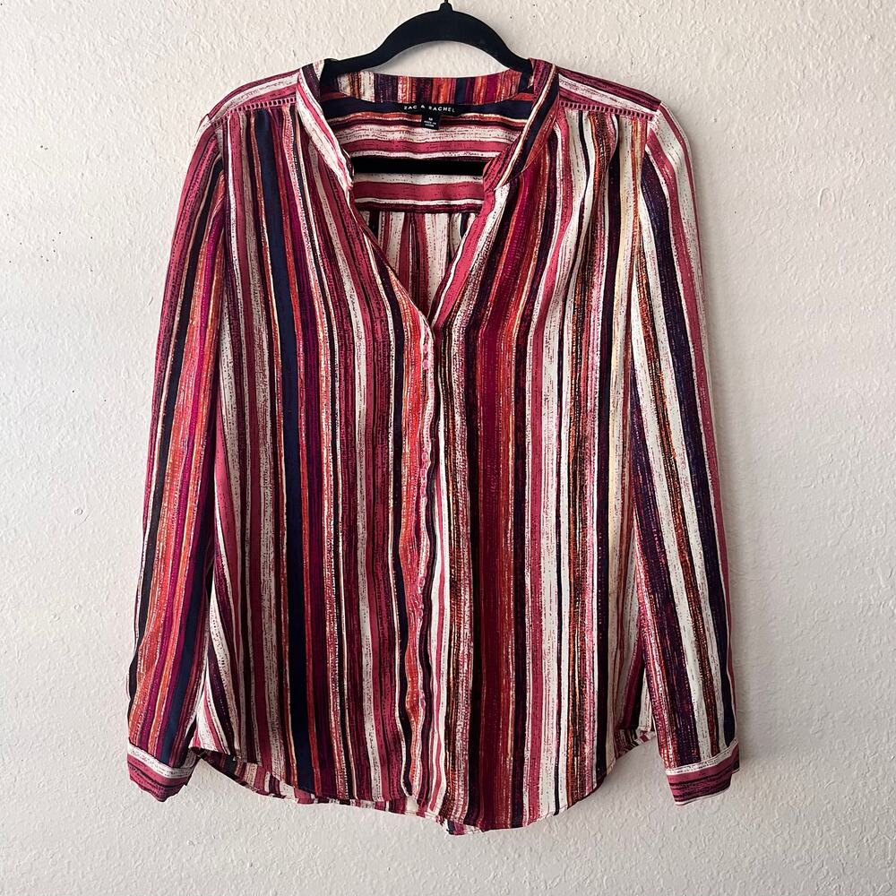 Zac &‎ Rachel Womens Stripe Button Down Roll Tab Long Sleeve Blouse Top Size M